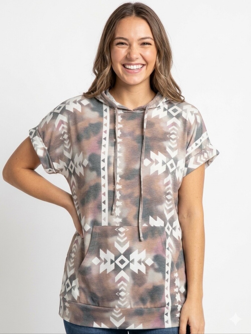 Southern Stitch Short Sleeve Hooded Tunic with Aztec Print - Taupe Multi
